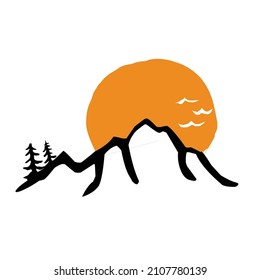 mountain silhouette and sunset handdrawn vector