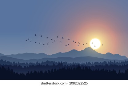 Mountain Silhouette Sunset Scene With Flying Birds