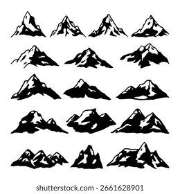 Mountain Silhouette Vector, Hand Drawn Mountain Clipart, Black and White Mountain Icons, Outdoor Nature Set
