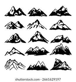 Mountain Silhouette Vector, Hand Drawn Mountain Clipart, Black and White Mountain Icons, Outdoor Nature Set