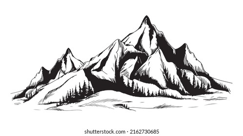 Mountain silhouette - vector icon. Rocky peaks. Mountains ranges. Black and white mountain icon isolated
