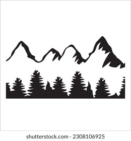 Silhouette de montaña - icono vector. Picos rocosos. Cordilleras. Icono de montaña blanco, negro y bosque aislado