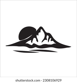 Mountain silhouette - vector icon. Rocky peaks. Mountains ranges. Forest, Black and white mountain icon isolated