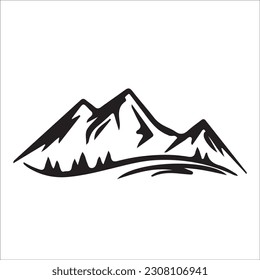 Mountain silhouette - vector icon. Rocky peaks. Mountains ranges. Forest, Black and white mountain icon isolated