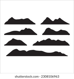 Mountain silhouette - vector icon. Rocky peaks. Mountains ranges. Forest, Black and white mountain icon isolated