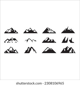 Mountain silhouette - vector icon. Rocky peaks. Mountains ranges. Forest, Black and white mountain icon isolated