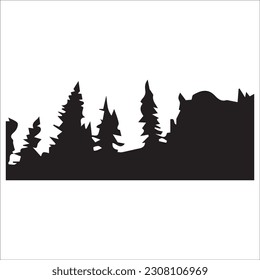 Mountain silhouette - vector icon. Rocky peaks. Mountains ranges. Forest, Black and white mountain icon isolated