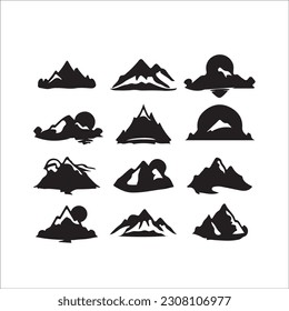 Mountain silhouette - vector icon. Rocky peaks. Mountains ranges. Forest, Black and white mountain icon isolated