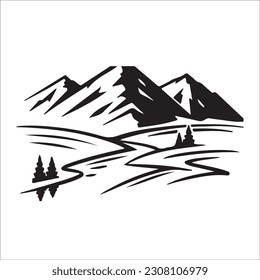 Mountain silhouette - vector icon. Rocky peaks. Mountains ranges. Forest, Black and white mountain icon isolated
