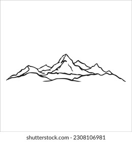 Mountain silhouette - vector icon. Rocky peaks. Mountains ranges. Forest, Black and white mountain icon isolated