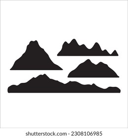 Mountain silhouette - vector icon. Rocky peaks. Mountains ranges. Forest, Black and white mountain icon isolated