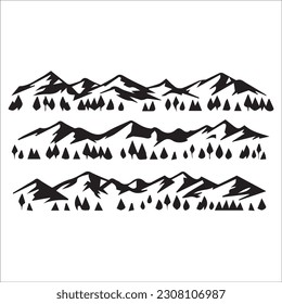 Mountain silhouette - vector icon. Rocky peaks. Mountains ranges. Forest, Black and white mountain icon isolated