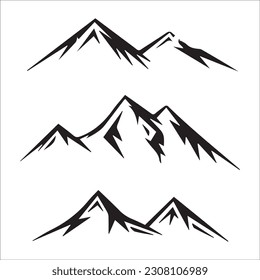 Mountain silhouette - vector icon. Rocky peaks. Mountains ranges. Forest, Black and white mountain icon isolated