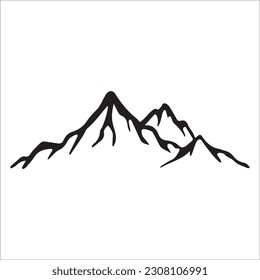 Mountain silhouette - vector icon. Rocky peaks. Mountains ranges. Forest, Black and white mountain icon isolated