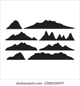 Mountain silhouette - vector icon. Rocky peaks. Mountains ranges. Forest, Black and white mountain icon isolated