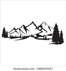 Mountain silhouette - vector icon. Rocky peaks. Mountains ranges. Forest, Black and white mountain icon isolated