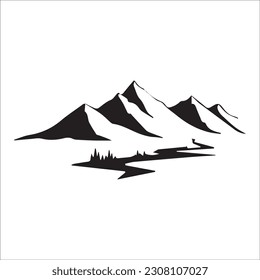 Mountain silhouette - vector icon. Rocky peaks. Mountains ranges. Forest, Black and white mountain icon isolated