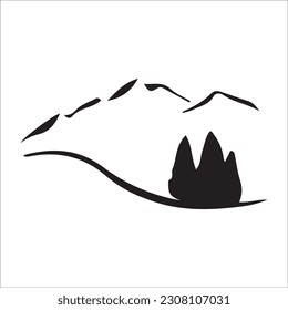 Silhouette de montaña - icono vector. Picos rocosos. Cordilleras. Icono de montaña blanco, negro y bosque aislado