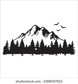 Mountain silhouette - vector icon. Rocky peaks. Mountains ranges. Forest, Black and white mountain icon isolated