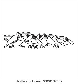 Mountain Silhouette - Vektorsymbol. Felsspitzen. Gebirge. Wald, Schwarz-Weiß-Bergsymbol einzeln