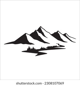 Mountain silhouette - vector icon. Rocky peaks. Mountains ranges. Forest, Black and white mountain icon isolated