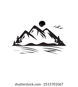 Silhueta de montanha - ícone vetorial. Picos rochosos. Cordilheiras. Ícone de montanha preto e branco