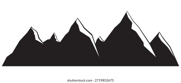 Mountain silhouette - vector icon. Rocky peaks. Mountains ranges. Forest, Black and white mountain icon isolated