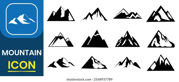 Mountain silhouette vector, icon set. Snow ice, decorative symbols isolated. Hike, sign collection, travel labels, adventure, climbing or hiking badges mountains, land, success. Vector illustration.
