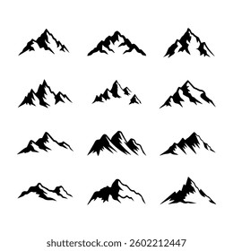 Mountain Silhouette Vector Icons Set – Black Minimalist Peaks and Ranges. Mountain Silhouette Vector, Black Mountain Icon, Minimalist Mountain Peaks