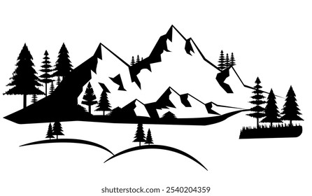 Mountain silhouette vector illustration. Black silhouette of mountains peaks landscape banner panorama illustration. 