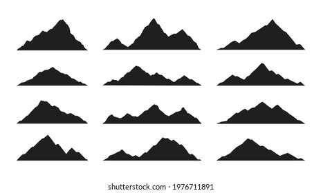 Mountain silhouette. Vector landscape with silhouette mountain peaks. Set of high mountains and rocky landscapes isolated on white background. Outdoor and hiking concept.Hand drawn rocky range, hills 