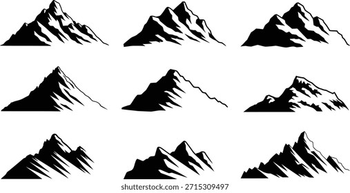 Conjunto de vetor de silhueta de montanha, picos alpinos, Clipart de contorno de cimeira