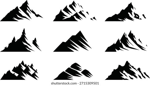 Mountain Silhouette Vector Set, Alpine Peaks, Summit Outline Clipart