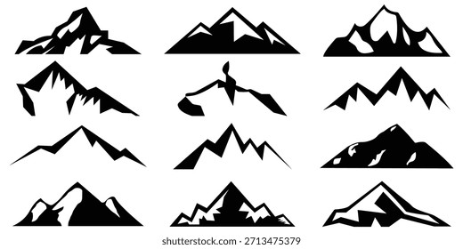 Conjunto de Vector de silueta de montaña: colinas negras, picos rocosos, crestas nevadas e ilustración de paisaje al aire libre