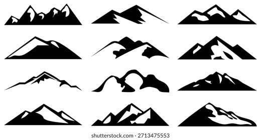 Conjunto de Vector de silueta de montaña: colinas negras, picos rocosos, crestas nevadas e ilustración de paisaje al aire libre