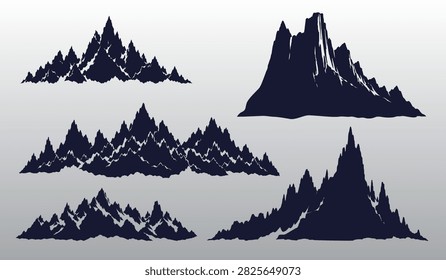Mountain silhouette vector set featuring jagged alpine peaks and rocky ridge landscapes isolated on a neutral background, dark blue high-contrast design graphics.