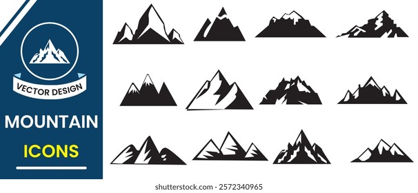 Mountain silhouette vector set. Mountain vector landscape icon set. Hill, rocky, hiking, range, travel and landscape icon. Vector illustration.