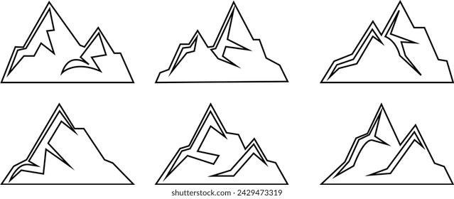 mountain silhouette vector set, Mountain peaks silhouettes. Isolated rocky mountain. rock, hill, peak logos. decorative symbols Camping mountain logo, travel labels, climbing or hiking badges.