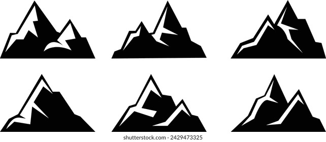 mountain silhouette vector set, Mountain peaks silhouettes. Isolated rocky mountain. rock, hill, peak logos. decorative symbols Camping mountain logo, travel labels, climbing or hiking badges.
