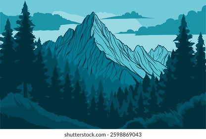 Mountain silhouette vector with tosca green color nuance and simple design