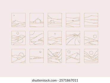 Mountain silhouettes icon set drawing in linear art style on beige background
