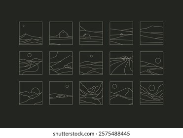Mountain silhouettes icon set drawing in linear art style on black background