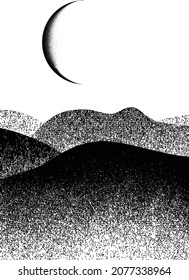 Mountain silhouettes with moon.  Rocky peaks in sunset.  Splatter Paint Texture . Distress Grunge background .Abstract vector.