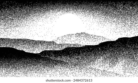 Mountain silhouettes with moon.  Rocky peaks in sunset.  Splatter Paint Texture . Distress Grunge background .Abstract vector.