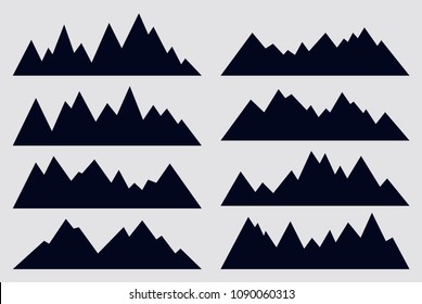 Mountain silhouettes on white background. Set of geometric mountain ridges. Vector black icons. Outdoor design elements.
