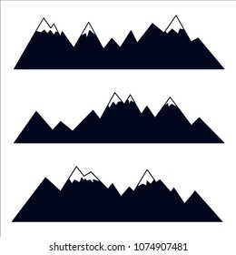 Mountain silhouettes with snowy peaks. Vector collection of high mountain ridges. Black icons on white background.