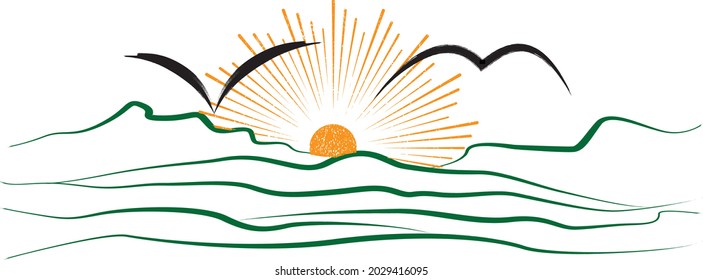 Mountain silhouettes with sun and birds .  Rocky peaks in sunset.  Modern minimal art . Vector