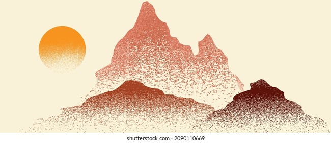 Mountain silhouettes with sun.  Peaks in sunset.  Brush strokes. Fog over mountain landscape . Summit and sunset logo .Vector