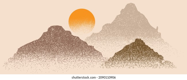 Mountain silhouettes with sun.  Peaks in sunset.  Brush strokes. Fog over mountain landscape . Summit and sunset logo .Vector