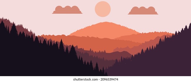 Mountain silhouettes with sun.  Peaks in sunset. Mountain landscape . Summit and sunset logo .Vector